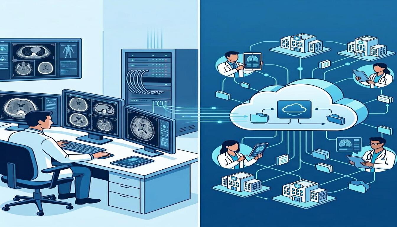 PACS vs Cloud VNA comparison showing hospital imaging system and cloud-based medical image storage architecture - PostDICOM